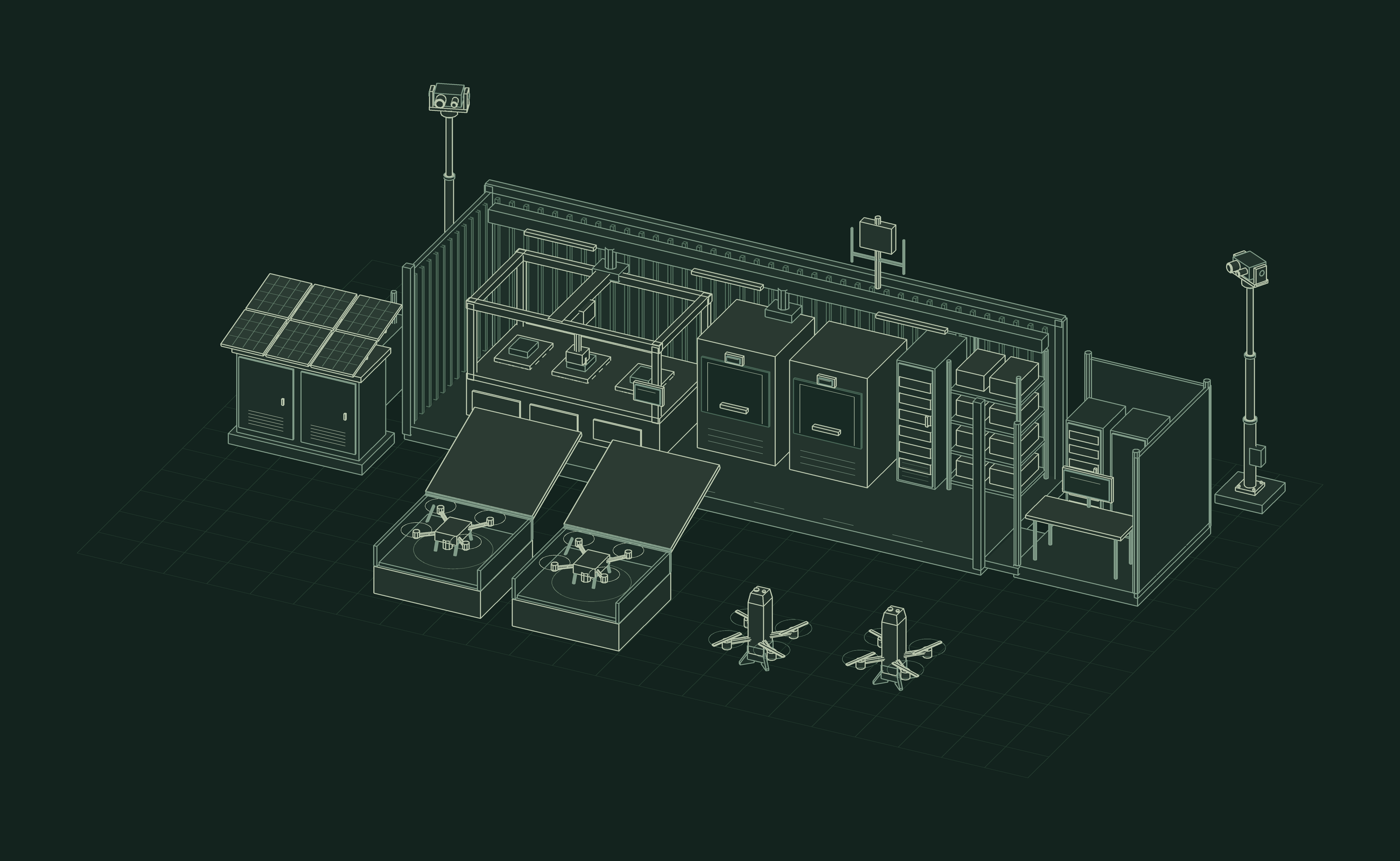 Technical cutaway concept of an integrated Forward Station: a container with an enclosed manufacturing and inspection workcell, fabrication machines and spares; two open ISR drone docks; interceptors parked on the ground; larger sensor towers; solar panels, battery storage, backup generation, distribution cabinets and a connected utility and command shelter.