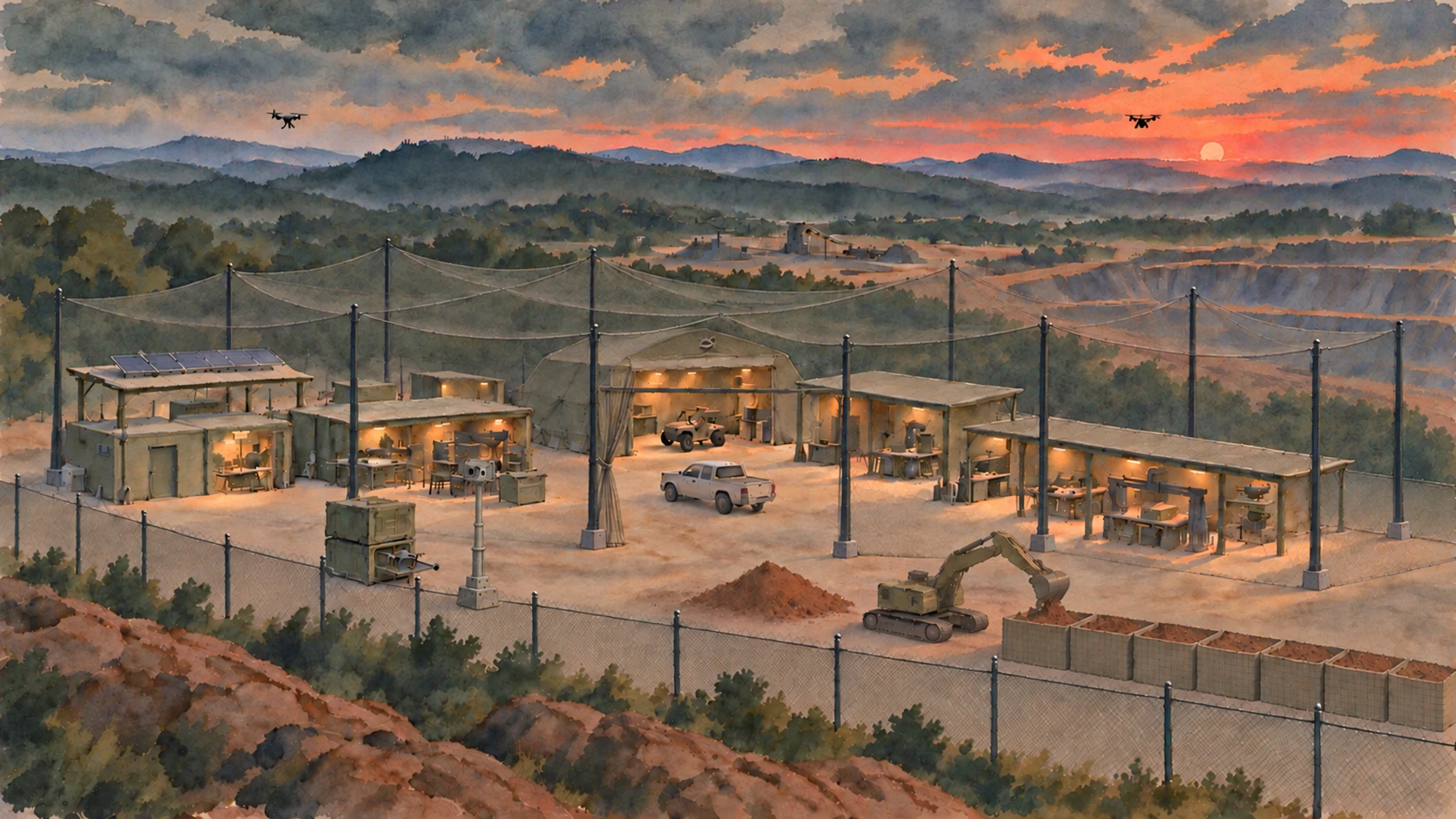 Watercolour concept of a fenced forward station at dusk beside an open-pit mine, with overhead netting, lit workshops and repair bays, a maintenance tent, solar panels, a sensor mast, patrolling drones and an excavator filling barrier walls.